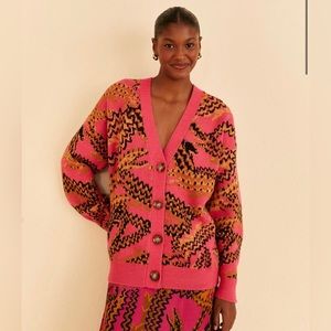 NWT Farm Rio Pink Croco Knit Cardigan Sweater Medium